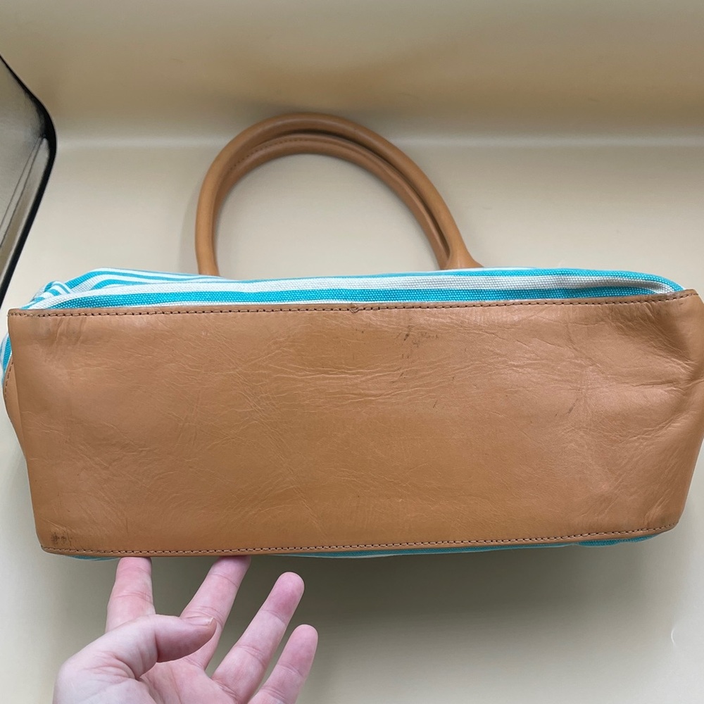 Tory Burch Turquoise and White Striped Canvas Tote with Tan Trim Beach Summer - Picture 5 of 12